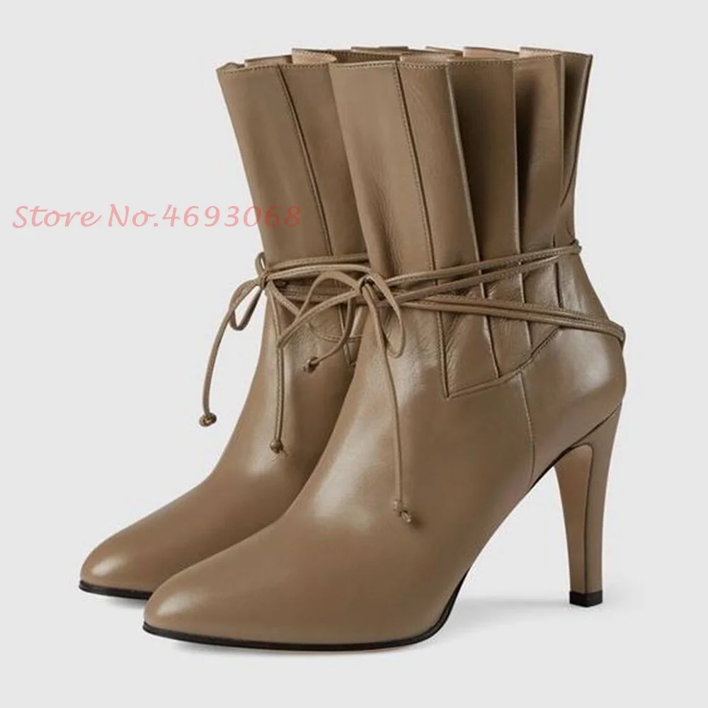 Pleated Brown Leather Ankle Boots Women Spring Sweet Pointed Toe Ruffles Boots Thin Heels Women's Boots Fashion Ladies Shoes