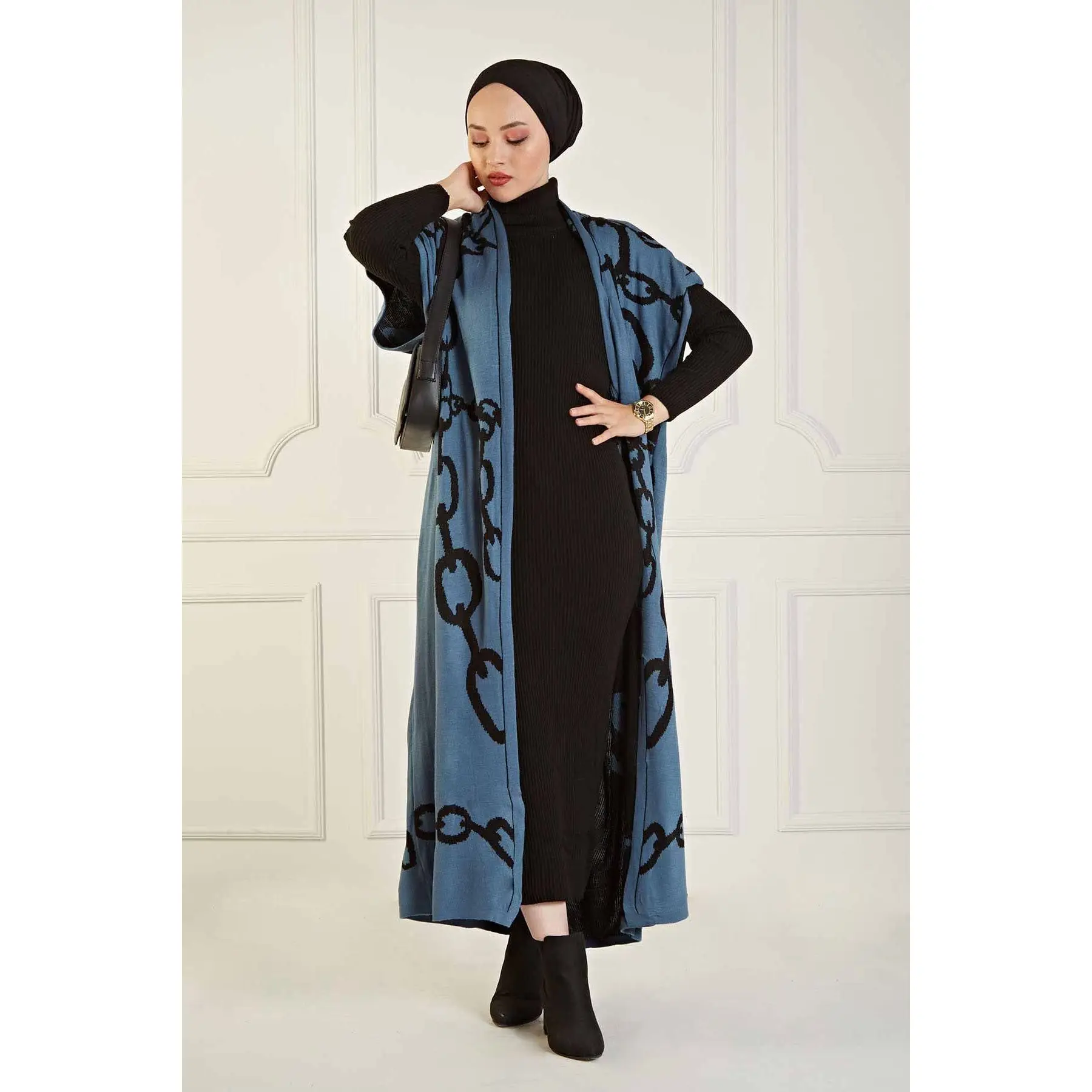 2 Piece Women\'s Knitted Set Maxi Turtleneck Dress and Maxi Bat wing sleeve Cardigan Chain Patterned Knitwear Suit Muslim Fashion