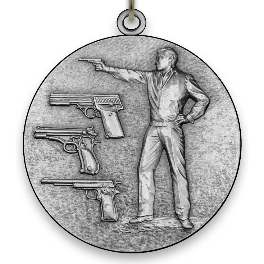 Large Metal Pistol Shooting Silver Medal - 6,4 cm - with Neck Ribbon size 2,2cm x 80 cm - Choice of Ribbon Colours.