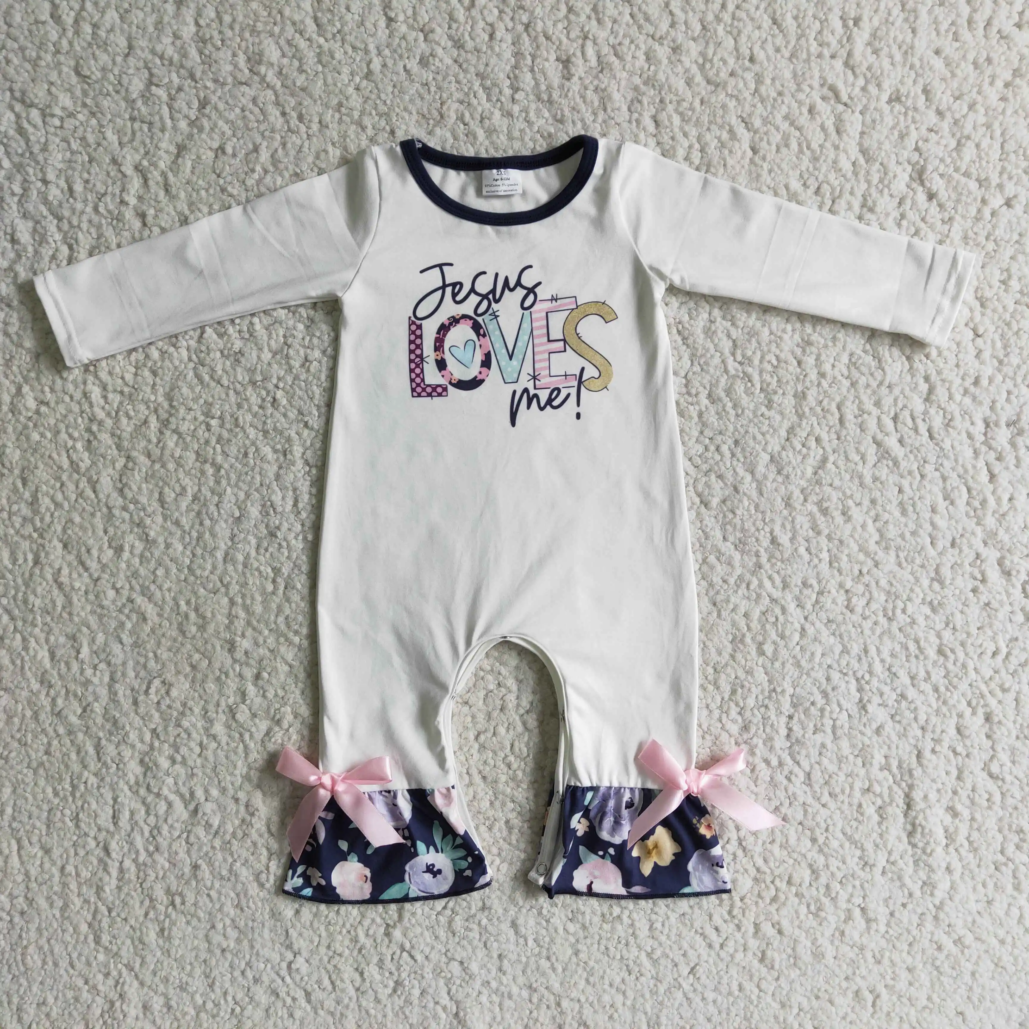 

Infant children's long-sleeved romper with letters printed white jumpsuit with flower print ruffled bow and trousers romper