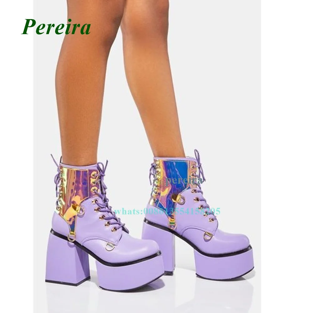 Purple Round Toe Platform Ankle Boots 2022 New Chunky Heel Cross Tied High Heels Lace Up Lacer Women\'s Shoes Sexy Plus Size Boot