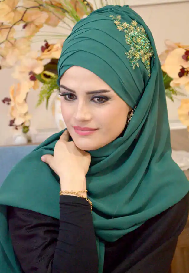 Ottoman Green Drapeli Bandana Shawl aışe ıslam Muslim female header hıjab scarf sal wedding bridal april abaya private dubai arab