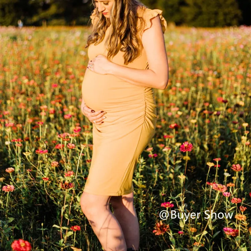 Vestidos de maternidad verano Manga voladora elástica Lado fruncido Vestido ajustado de embarazo Ropa para Embarazadas