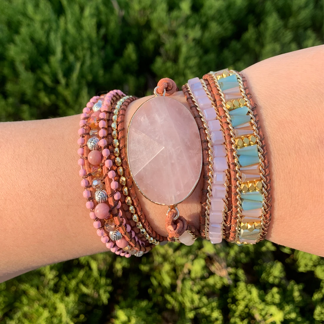 Handmade Women Bracelets Unique Natural Stones Rose Quartz  Charm 5 Layers Leather Wrap Bracelets Boho Bracelet Dropship