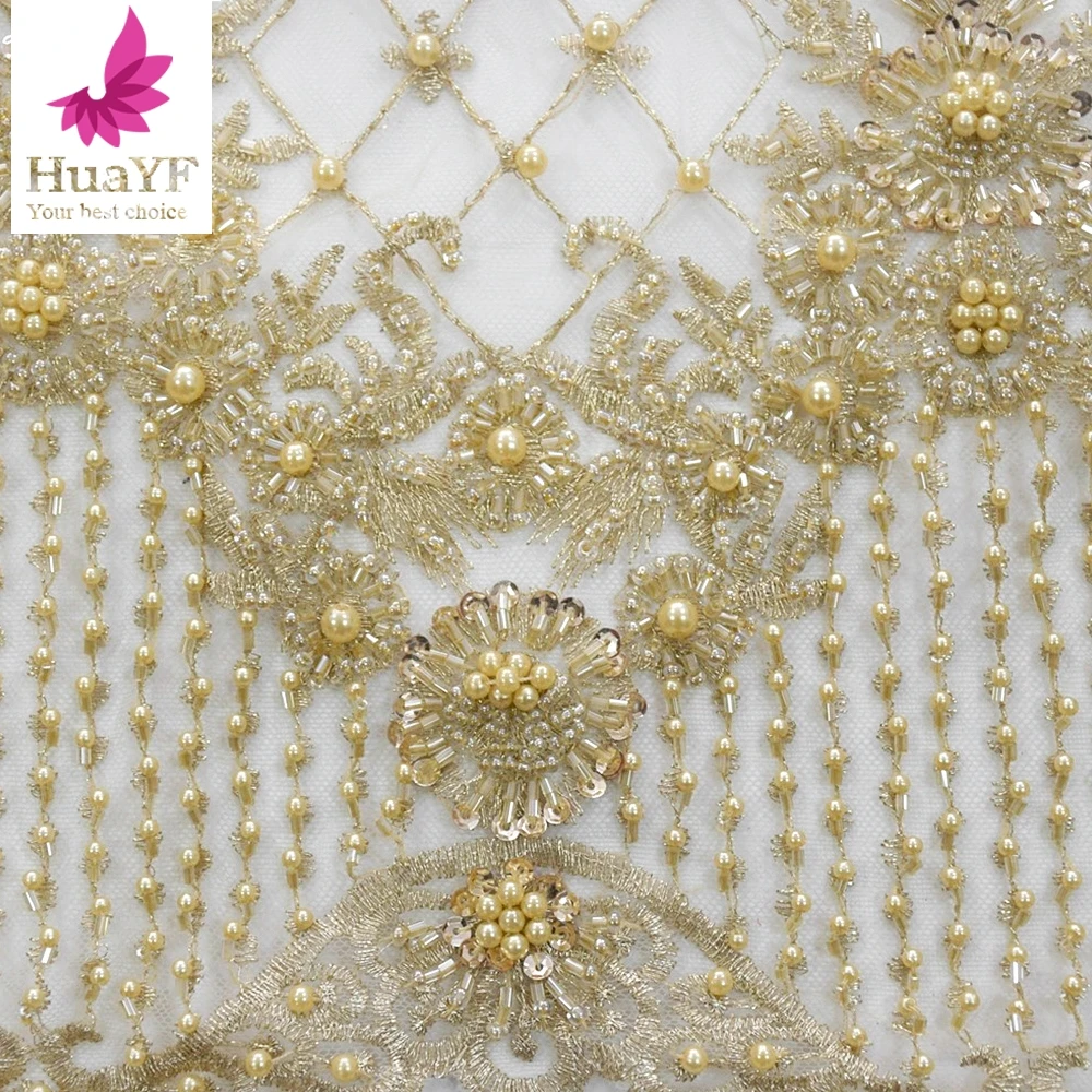 Gogerous HandWork Heavy Gold Beads Tulle Lace  Net Embroidery Sequins Fabric For Evening Dress HY1635-2