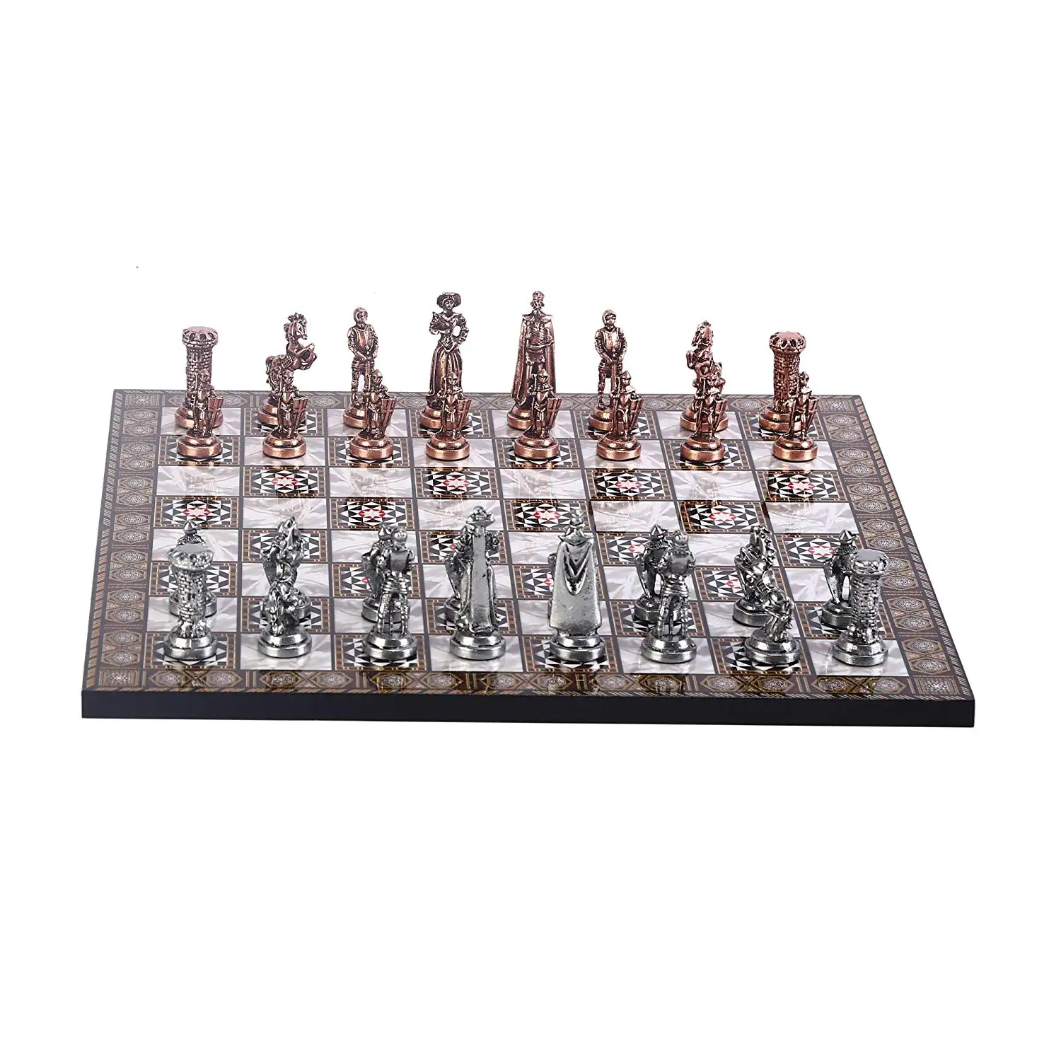 Medieval British Army Antique Copper Metal Chess Set,Handmade Pieces,Mother-of-Pearl Patterned Wood Chess Board King 7 cm