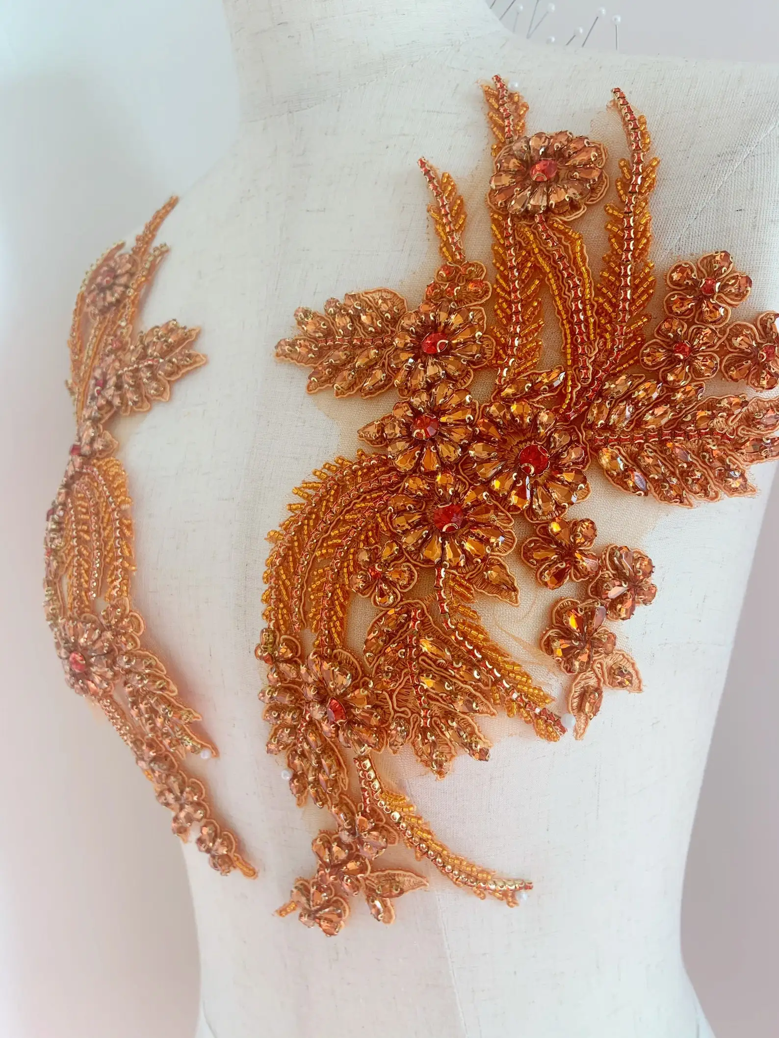 Popular Orange Rhinestone Appliqué, Rhinestones Bodice Applique Sewing Beads Crystal Trim Patches Dress Accessory