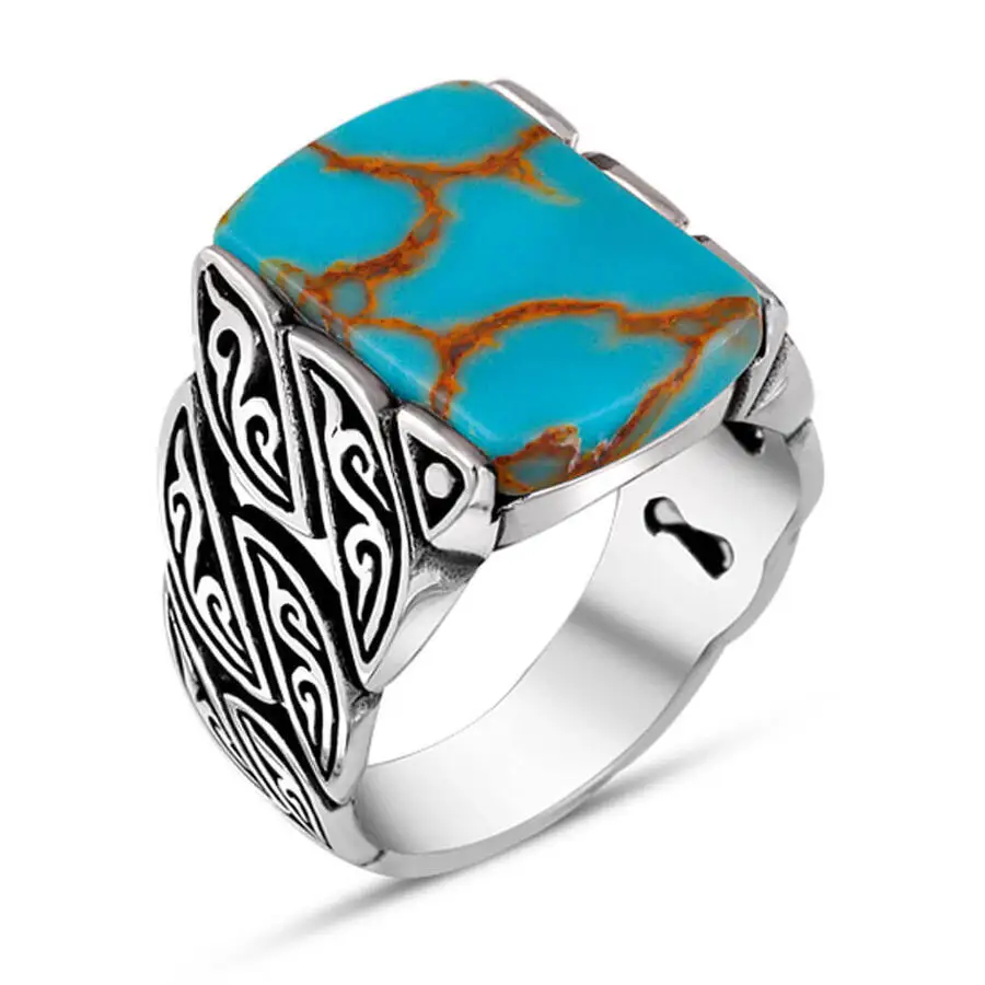 Turquoise Turquoise Stone Elven Curve Patterned Silver Men's Ring Fashion Turkish Premium Quality Handmade Jawelery