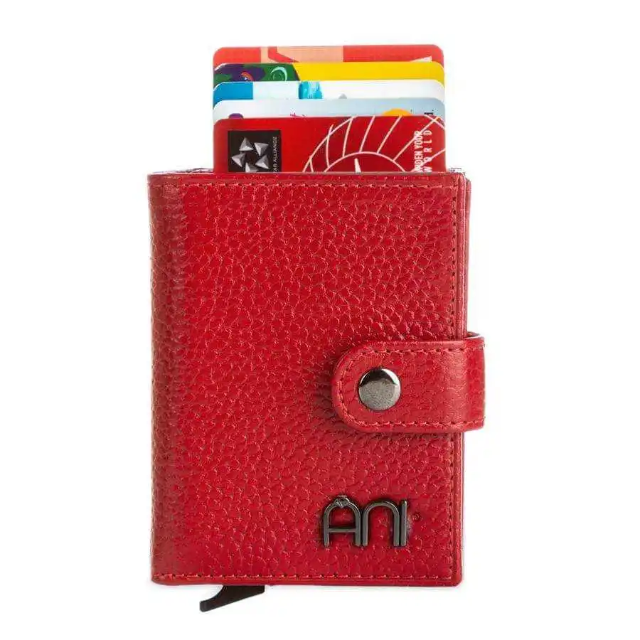 

Genuine Leather Card Holder Wallet with Pop-Up Mechanism Red With Zipper Vertical Wallet New Design Slim Money Bag Luxury