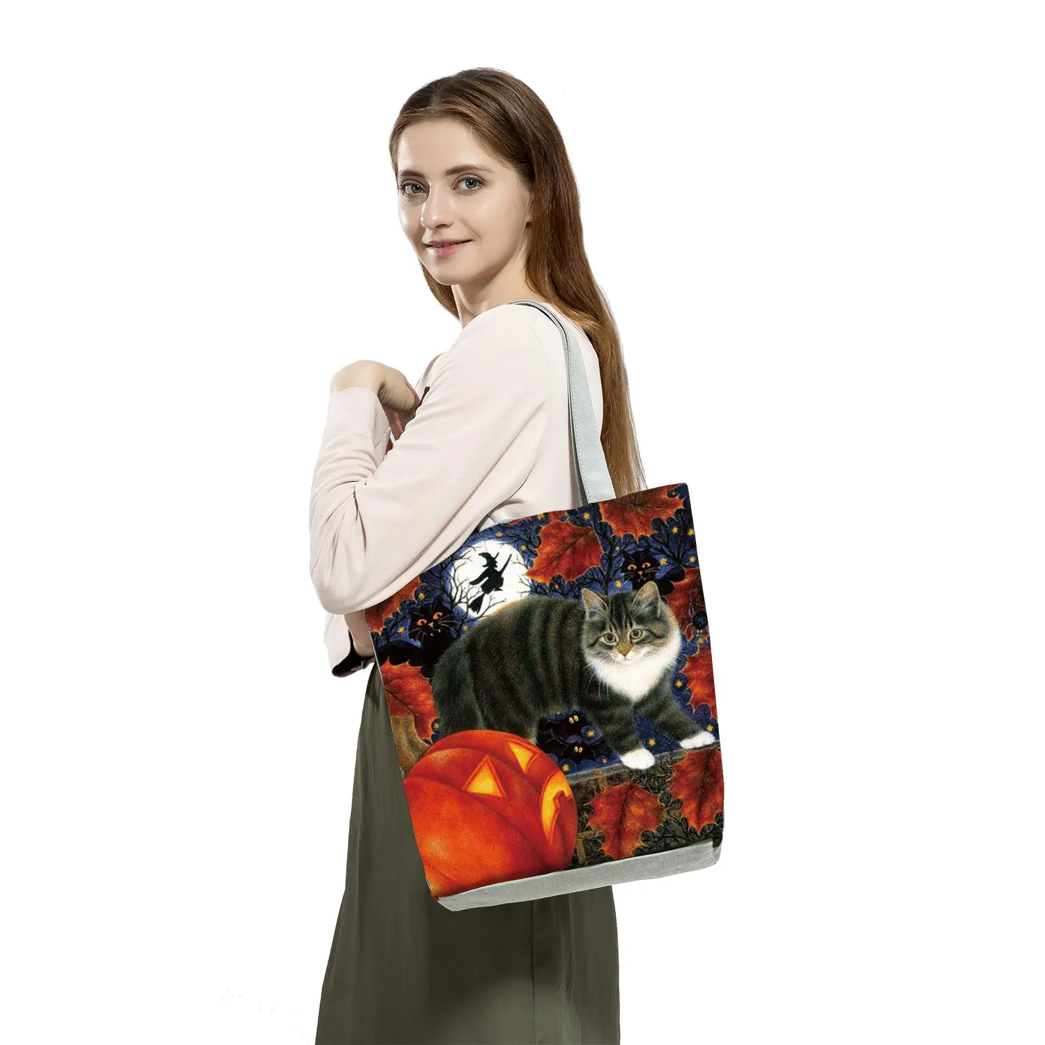 Cute Cat Flower Painting Print Women Designer Tote Bag Floral Ladies Handbags Large Shopping Bag Foldable For Groceries Portable