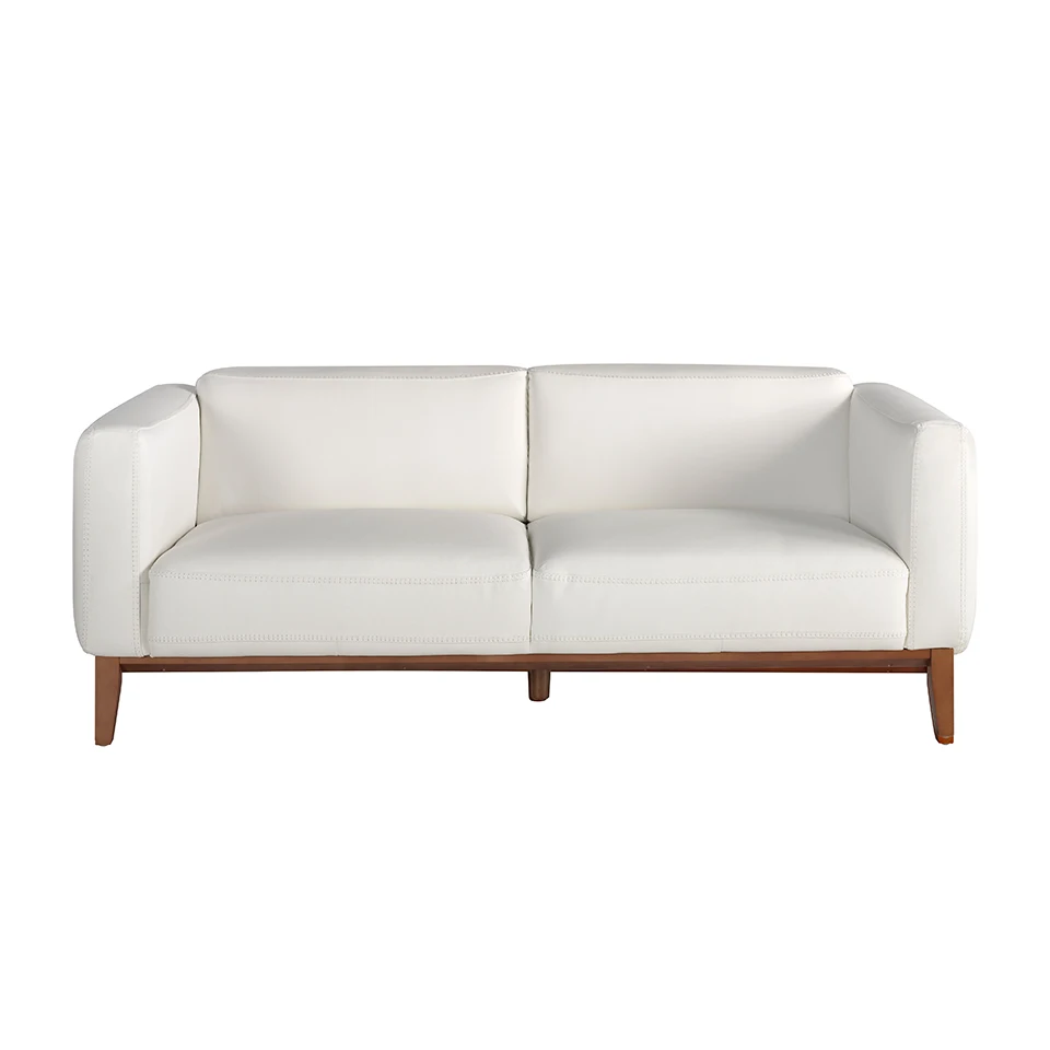 6115 sofa Angel Cerdá-3 seater sofa upholstered in white cowhide origin with internal structure of natural pine wood, and legs and side exterior detail plated in soft walnut tone.