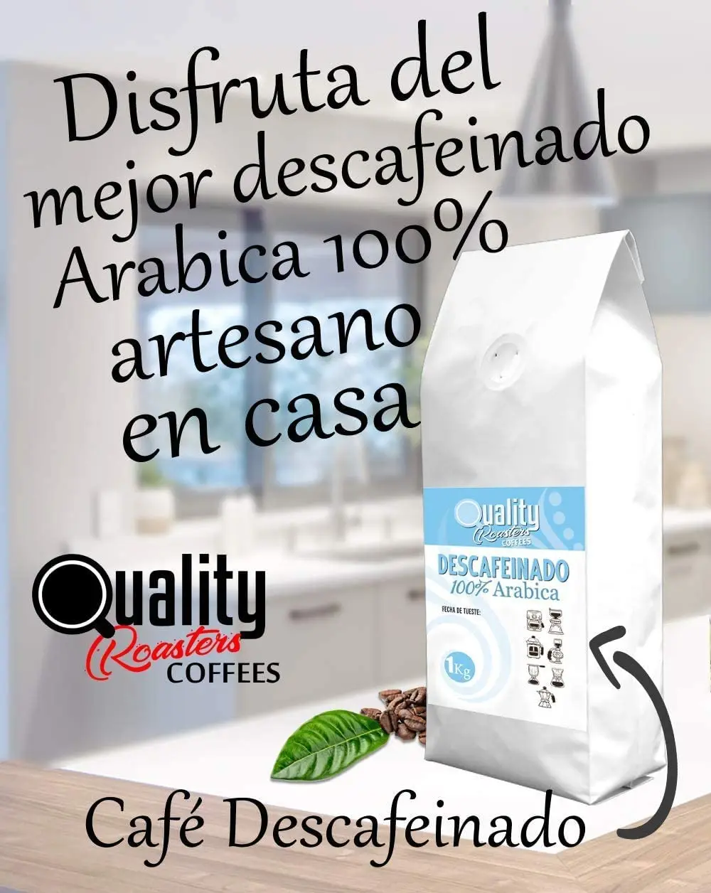 Quality Roasters Coffees. Café en grano natural. Descafeinado. 100% Arábica. Pack de 4 Kg. Tostado artesanal. Tueste Medio. 4 x 1 Kg.
