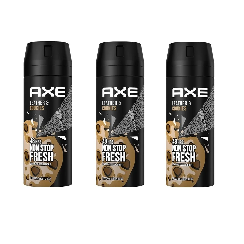 Axe Leather & Cookies 150ml Bodyspray Men deodorant Pack 3x150ml saving Pack 48H Non Stop Fresh