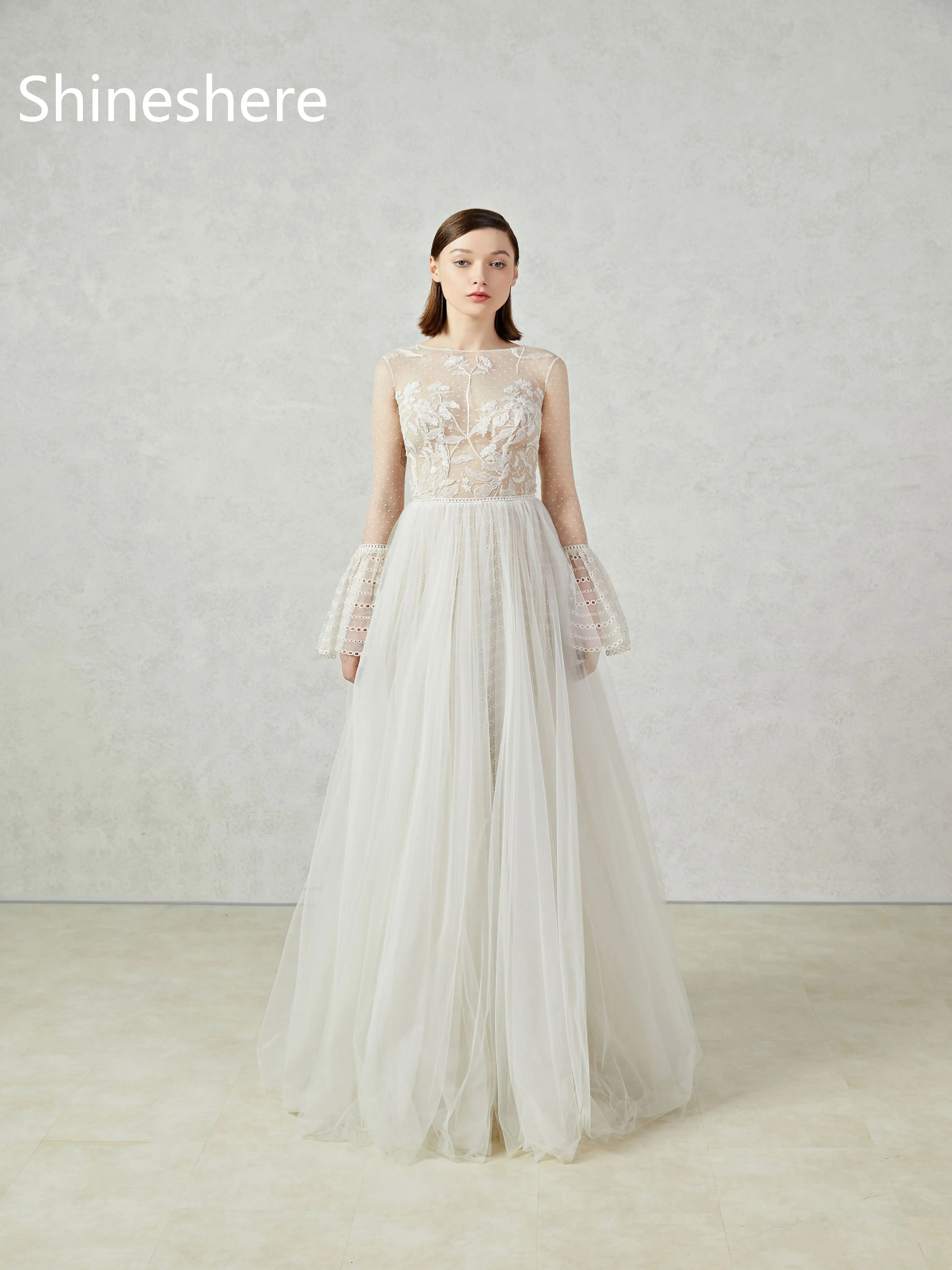 Dreamy Scoop Neckline Puff Sleeves Lace Appliques Aline Wedding Dress Bridal Gown