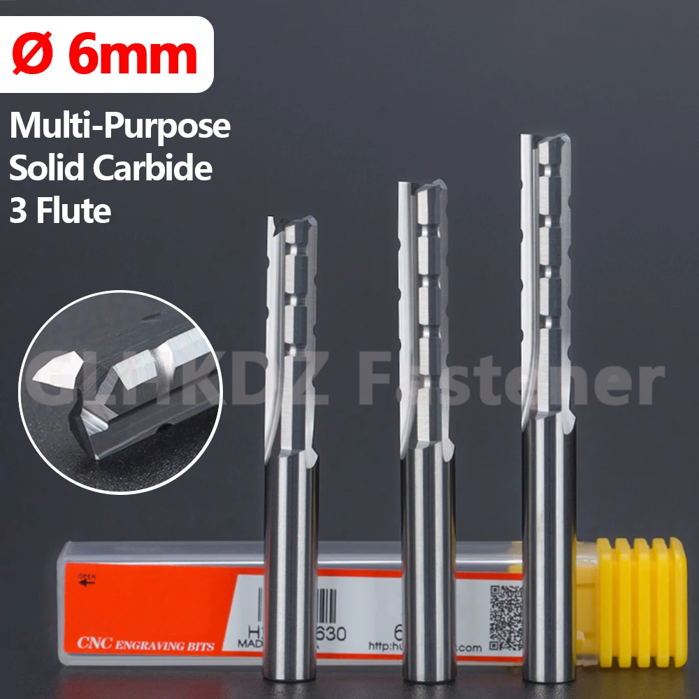 Ø 6mm Solid Carbide Straight Router Bits 3 Flute Chip Breaker End Mill CNC Milling Cutter Woodworking Multipurpose for MDF Wood