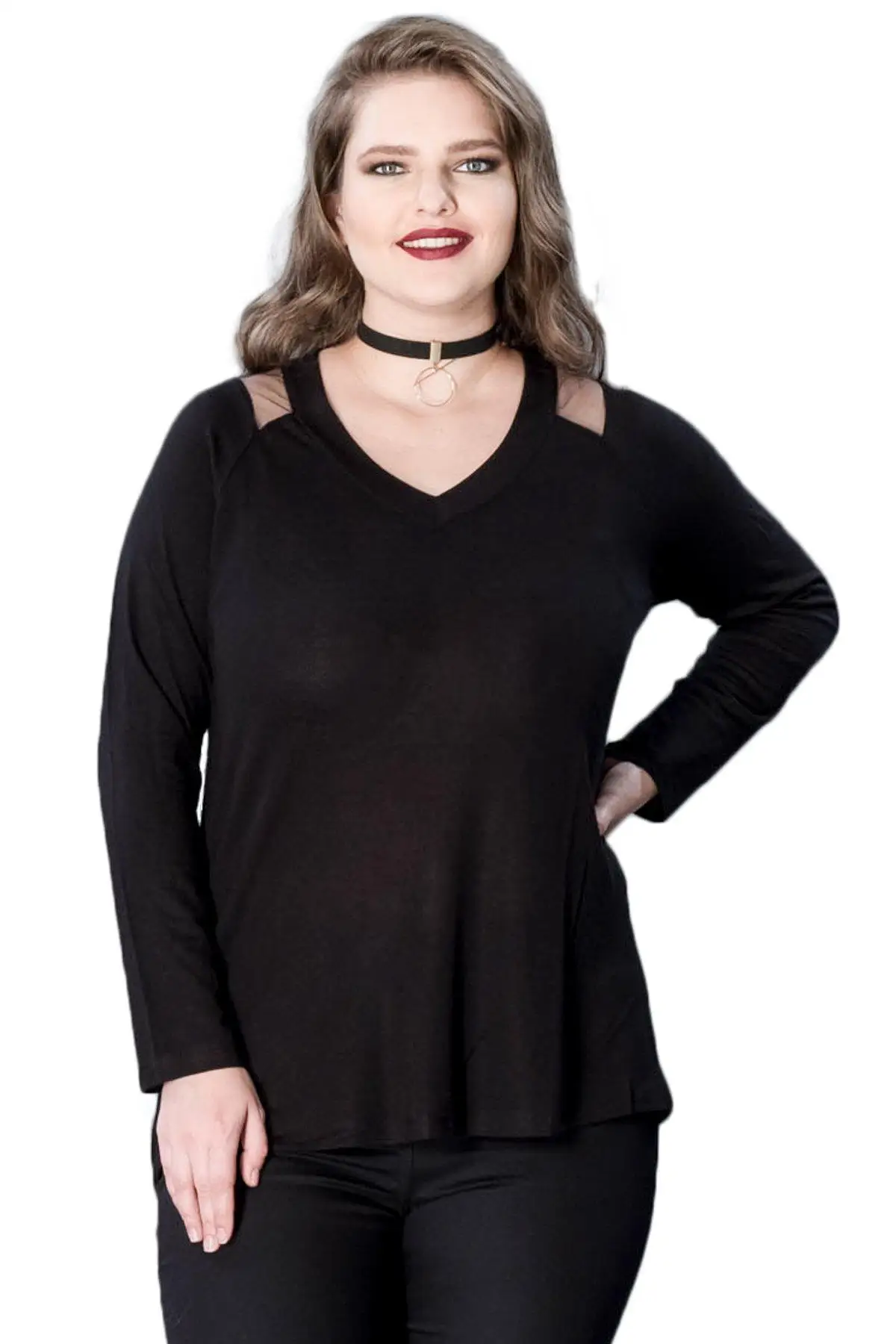 Hanezza Plus Size Shoulder Tulle Detailed Bluz