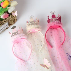 Princess Happy Birthday Headbands for Girls Cute Bling Yarn Veil Crown Hairband with Flower Child Party Hair Accessories