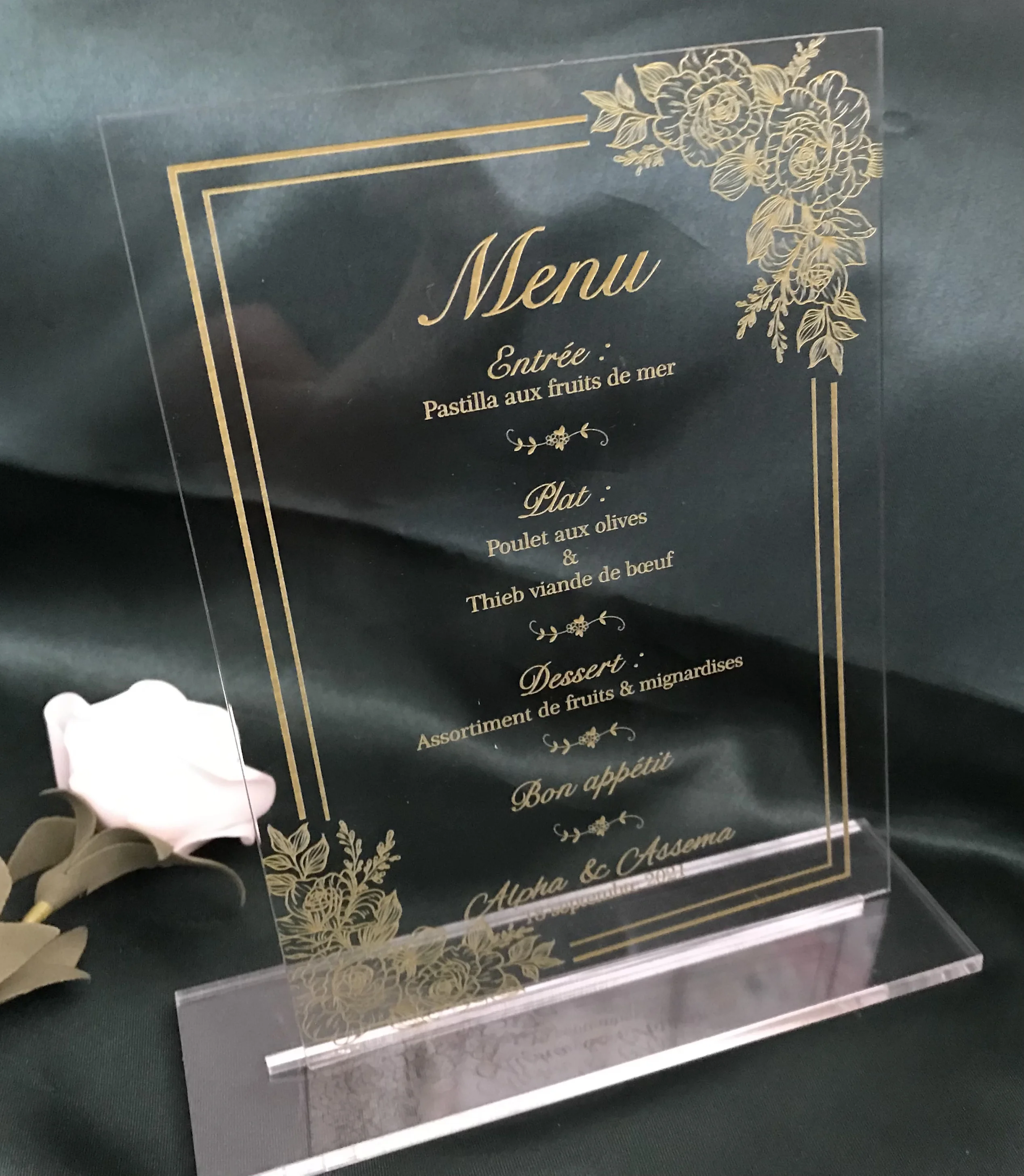 Prined Gold Rose Flower Wedding Menu,Custom 10pcs Acrylic Invitation,Acrylic Invitation,Resurant Menu,Acrylic Party Dinner Menu