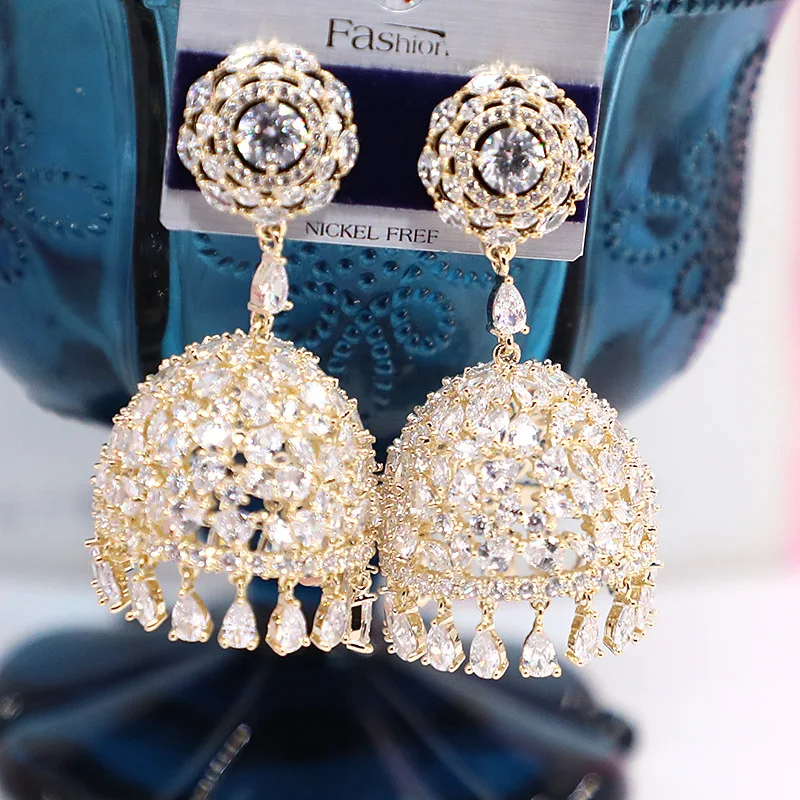 

European And American Fashion Heavy Industry Micro-Inlaid Zircon Flower Hollow Wind Chime Tassel Design Female Earrings