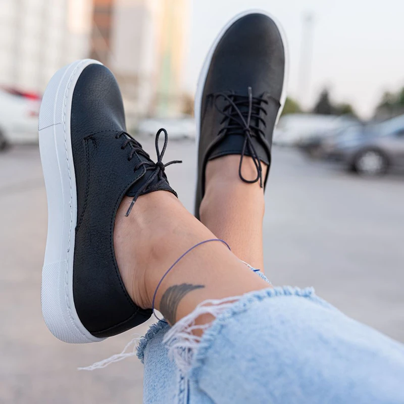 Chekich Women's Shoes Black Matte Faux Leather Lace-Up Spring & Summer 2021 Sneakers Casual Vulcanized Material New Fashion Wedding Solid Footwear Lightweight Air Comfort High Outsole Breathable CH005 Women V6