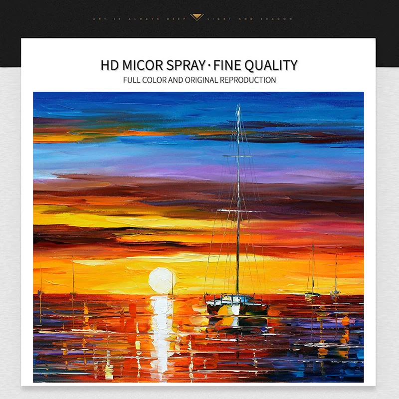 Modern Handmade Oil Painting, Thick Knife Textured Sunset Sea Sailboat Art, Bright Coastal Decor For Living Room & Study