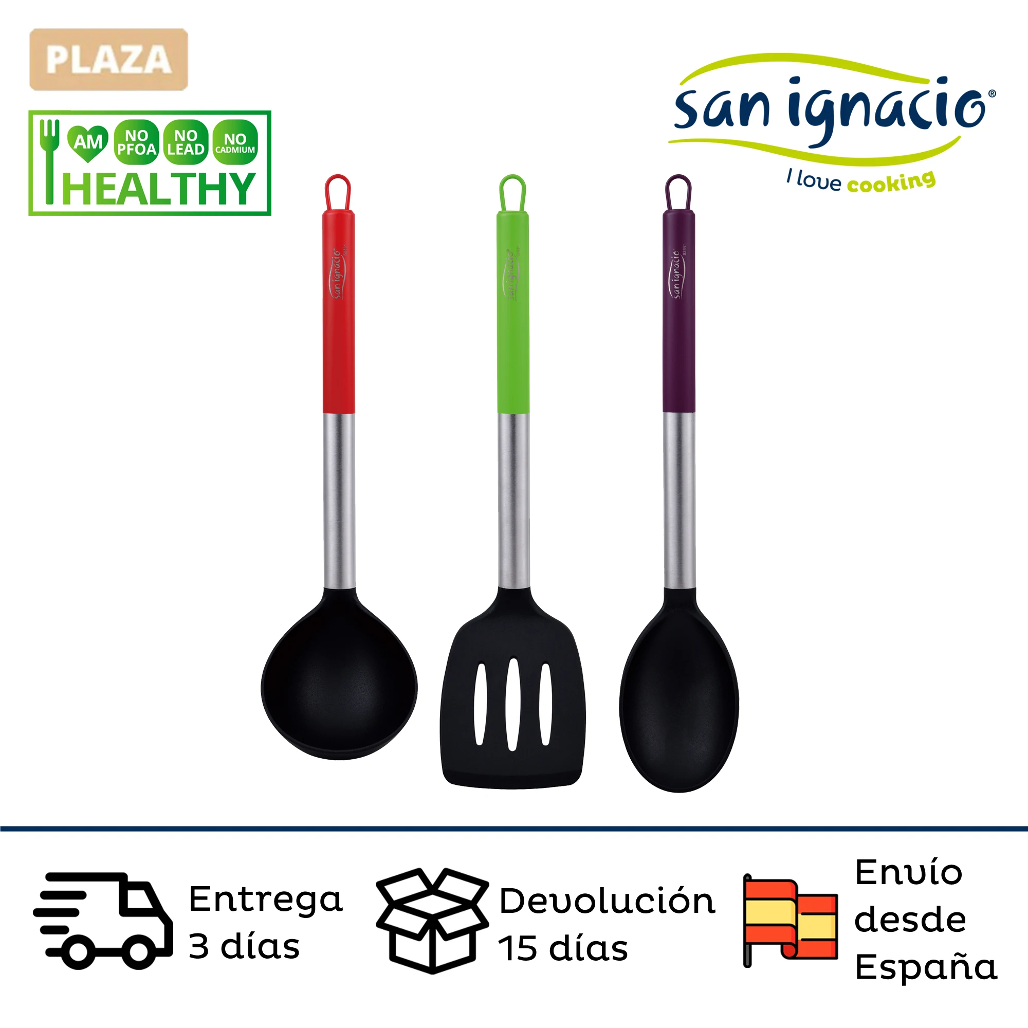 Kitchen utensils SAN IGNACIO Jolie set of 3 utensils in nylon. Red spleen, Green foaming and purple spoon.