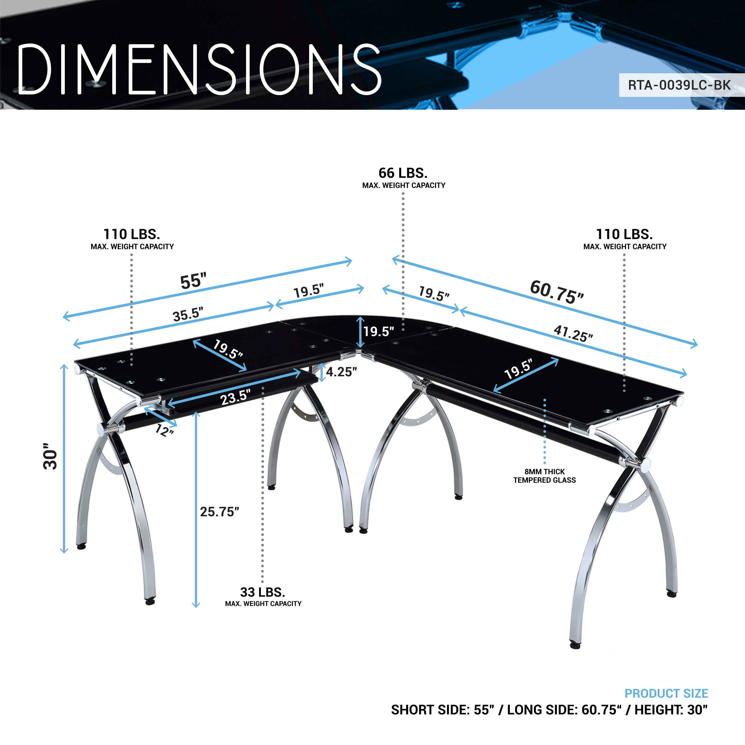 L-Shaped Corner Desk Tempered Glass Top Computer Desk with Pull Out Keyboard Tray Office Game Study Table Black[US-W]