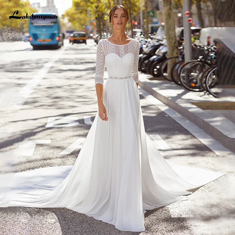 Lakshmigown Böhmischen Spitze Hochzeit Kleider 2023 Backless Mit Drei Vierteln Strand Chiffon Brautkleid für Braut vestido de novia