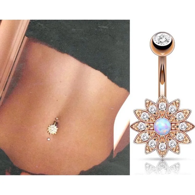 1/2PCS Sunflower Belly Button Ring 14G Surgical Steel Lotus Flower Belly Piercing Ring Opal Sexy Navel Piercing Cute Belly Ring