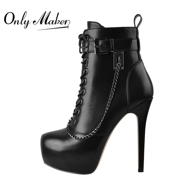 Onlymaker Women Thin High Heels Lace Up Inner Platform Metal Chain Decoration Ankle Booties Buckle Matte Black Shoes Zipper