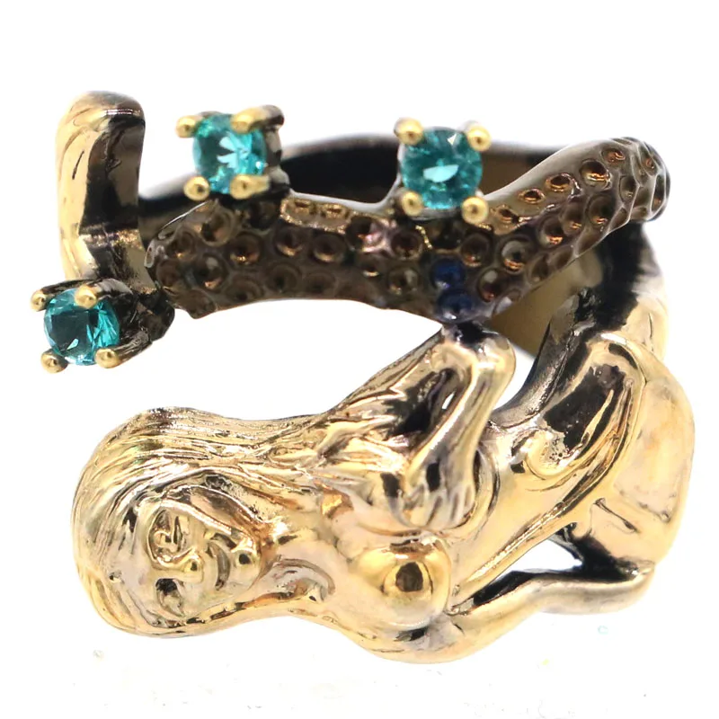 Buy 2 get 1 free 26x22mm Neo-Gothic Mermaid Aquamarine London Blue Topaz Green Peridot Gold Black Metal Silver Rings