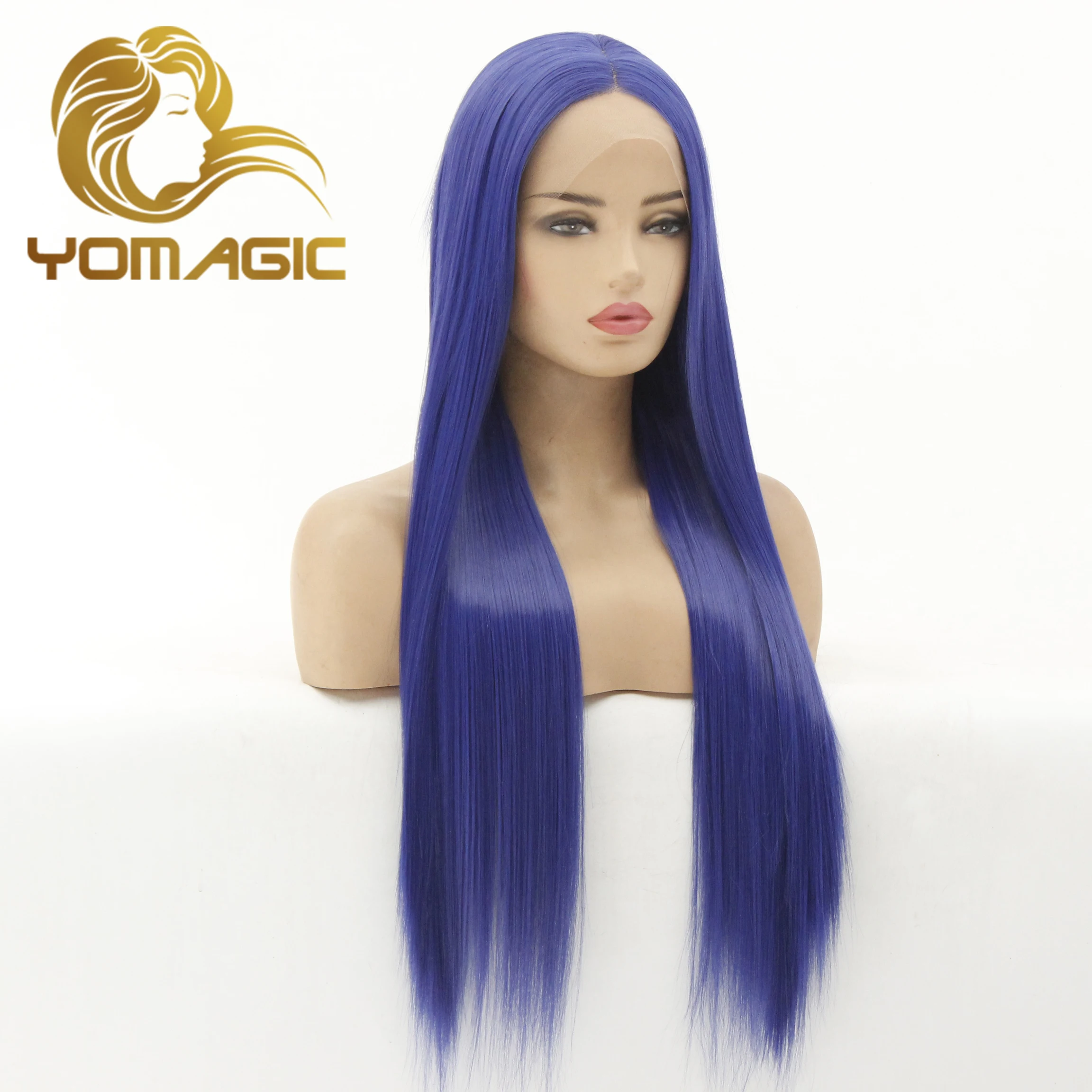 Yomagic Wig Renda Depan 13X3 Sintetis Biru dengan Rambut Bayi Lurus Tahan Panas 99J Wig Renda untuk Wanita Sebelum Dipetik