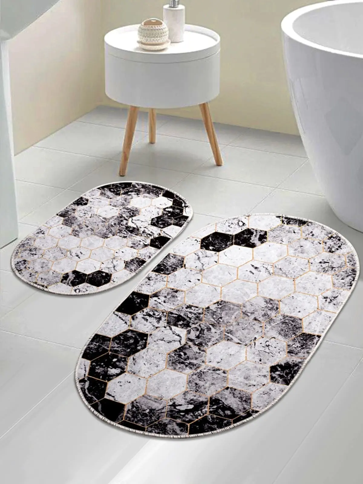 Set of 2 Bath Mats Digital Printing Non-Slip Toilet Seat Set Washable Honeycomb Bathroom Mat Floor Carpet Easy to Clean