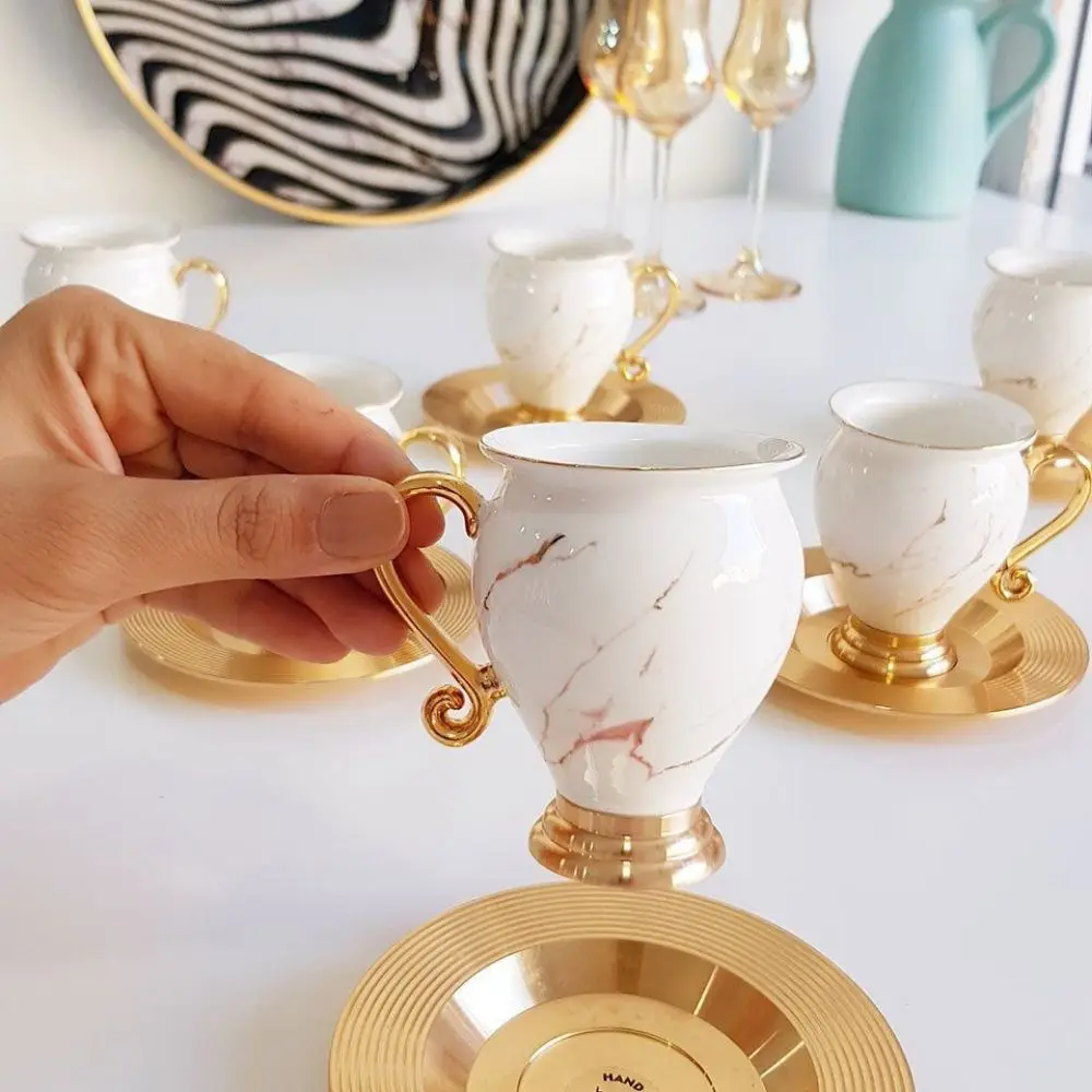 Porcelain Marble Patterned Turkish Cup Set with Gold Metal Plate(12 Pieces) Coffee accessories Tea and coffee set New House Gift