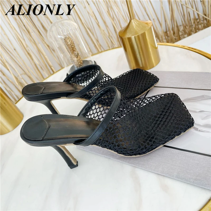 Alionly Ladies Half Slippers Fashion All-Match 2023 New Summer Square Head Mesh Shoes High Heels Stiletto Toe Sandals