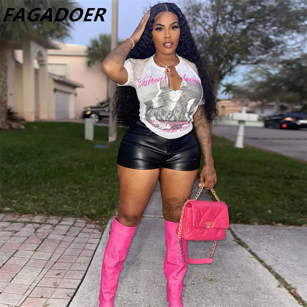 FAGADOER 2023 New Women Tassel T-Shirt Fashion Printed Tops Vneck Y2K Punk Holiday Top Club Party T-Shirt Casual Streetwear Tee