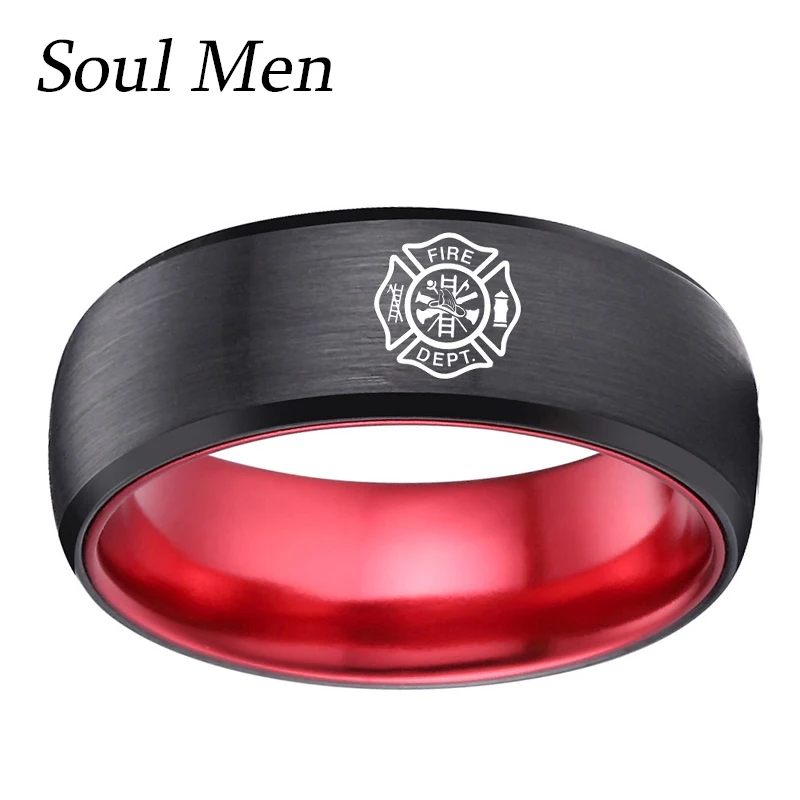 Firefighter Fireman Career Rings 8mm Tungsten Wedding Band Male Cool  Ring Comfort Fit Black with Red & Green Color