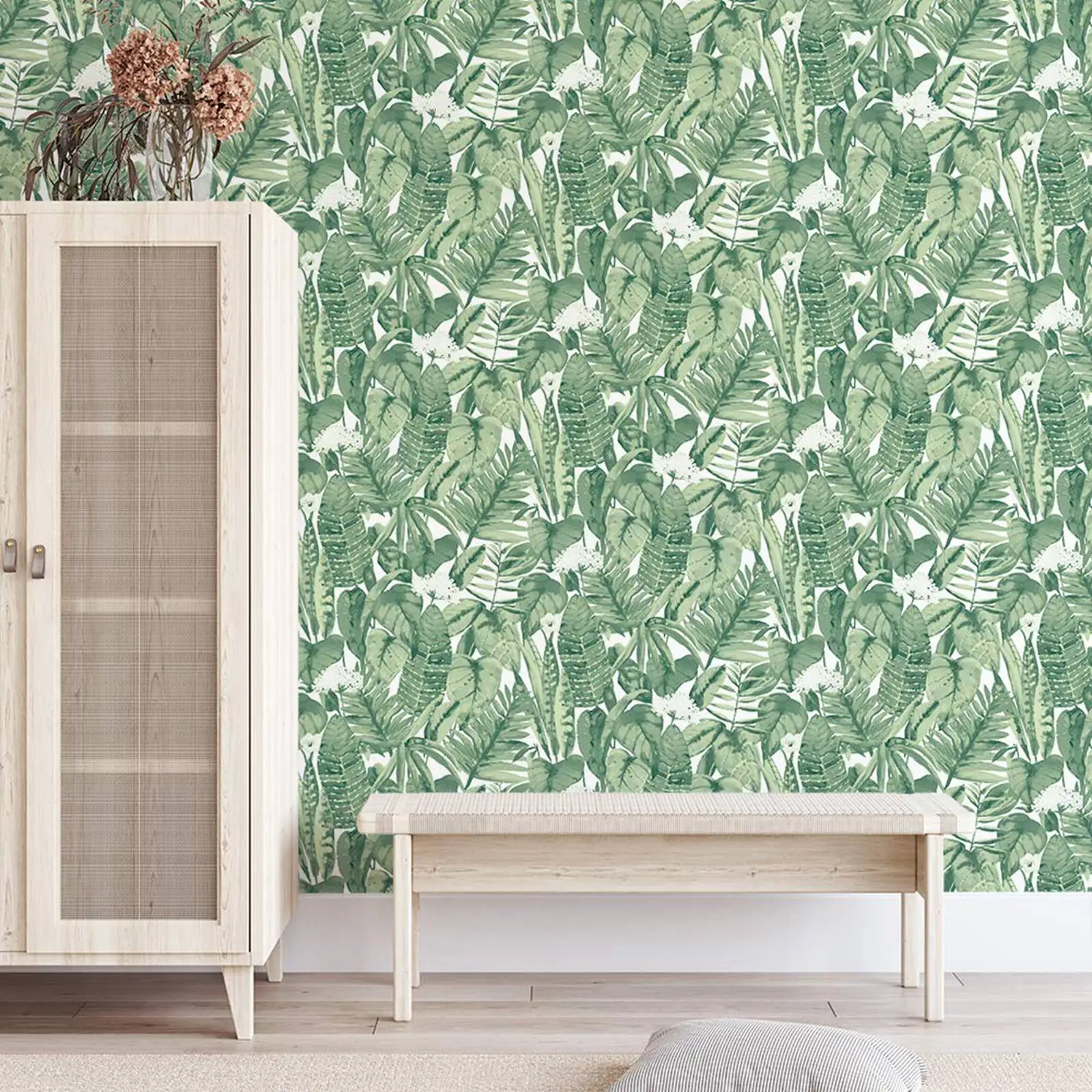 

Hand drawn boho spring watercolor tropical jungle wallpaper for living room bedroom TR06240002