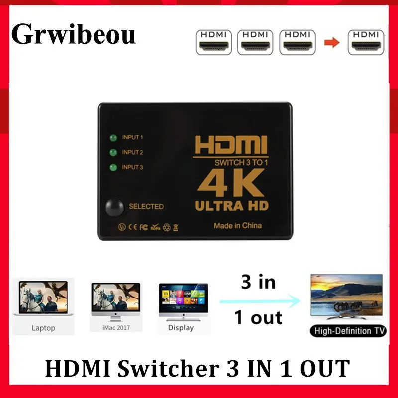 Grwibeou 3 porte 4K x 2K 1080P Switcher HDMI Switch Selector 3x1 Splitter Box Ultra HD per HDTV Xbox PS3 PS4 Multimedia vendita calda