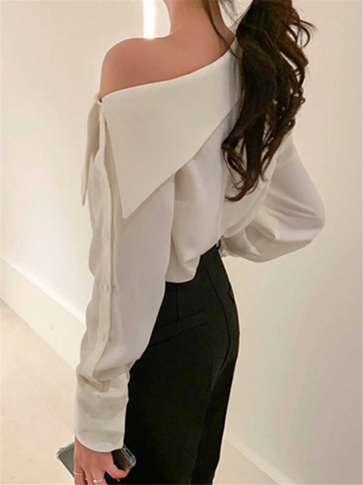 Colorfaith New 2022 Elegant Office Korean Style Lady One Shoulder Sexy Wild Women Spring Summer Cold Blouses Shirts Tops BL8179