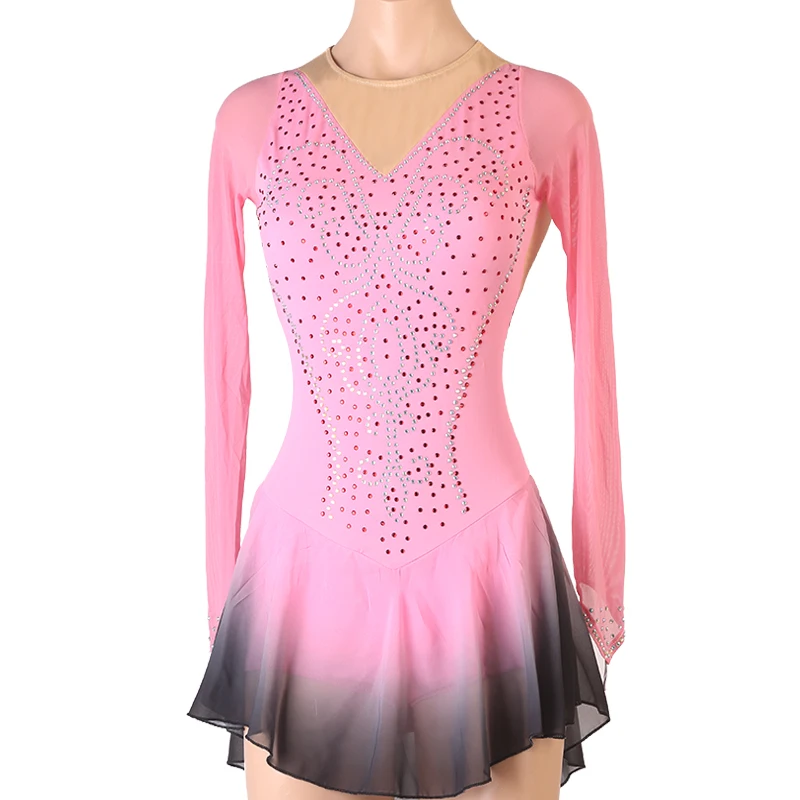 pink black gradient color Figure Skating Dress Women girl Ice Skating Dress Gymnastics Costume custom crystal rhinestone  B025