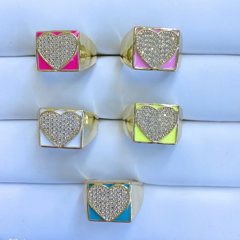 

5pcs/lot Enamel CZ Heart Shape Drop Oil Adjustable Brass Women Ring For Jewelry