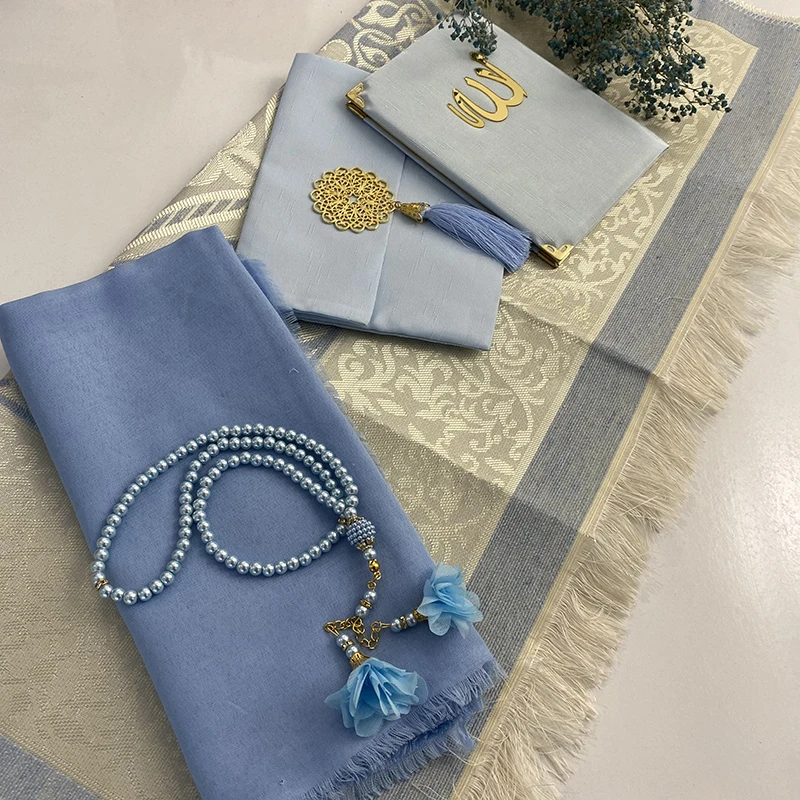 Islamic Blue Velvet Yaseen Tasbeeh Gift Set Arabic Quran Favors Ameen Wedding Gifts Tasbeeh Prayer Mat Shawl Eid Ramadan Mubarak