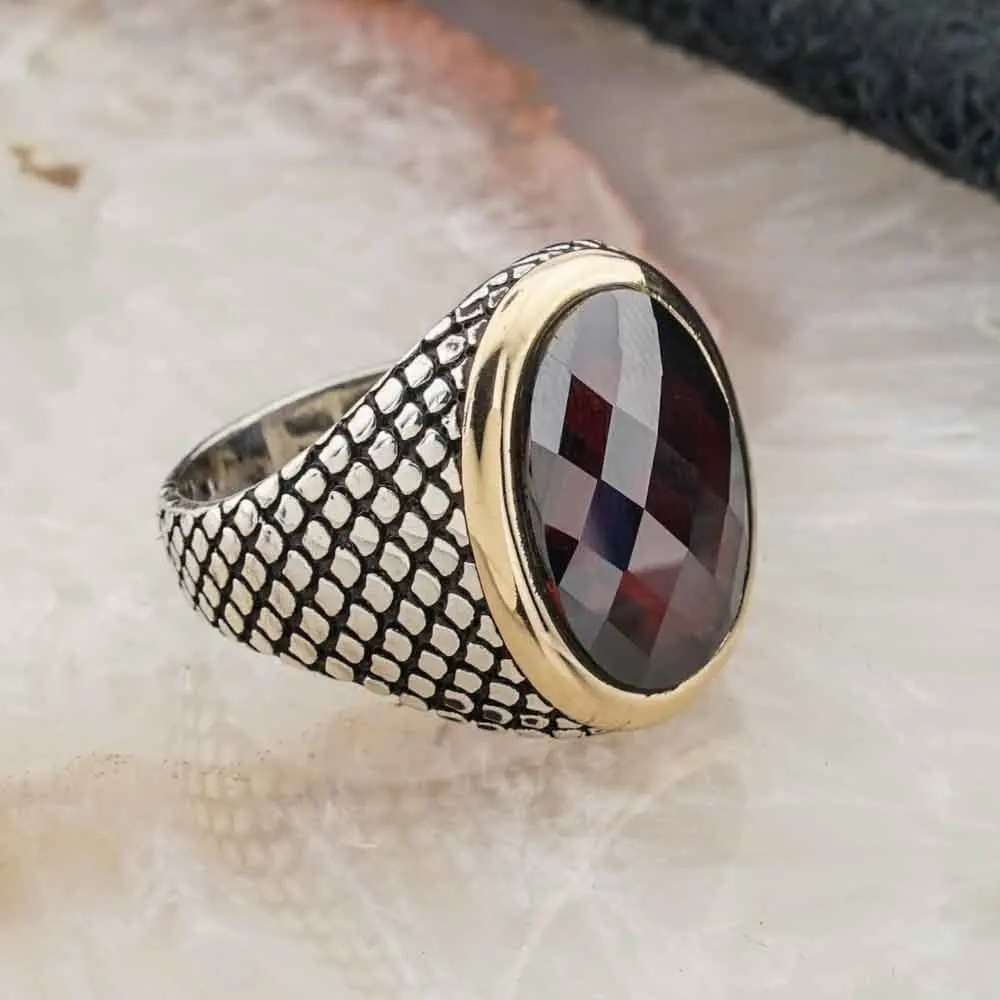 925 sterling Silver With Red Zircon Silver Men Ring, Real Natural Stone, Turkish Style, for men Gift Jewelry Vintage