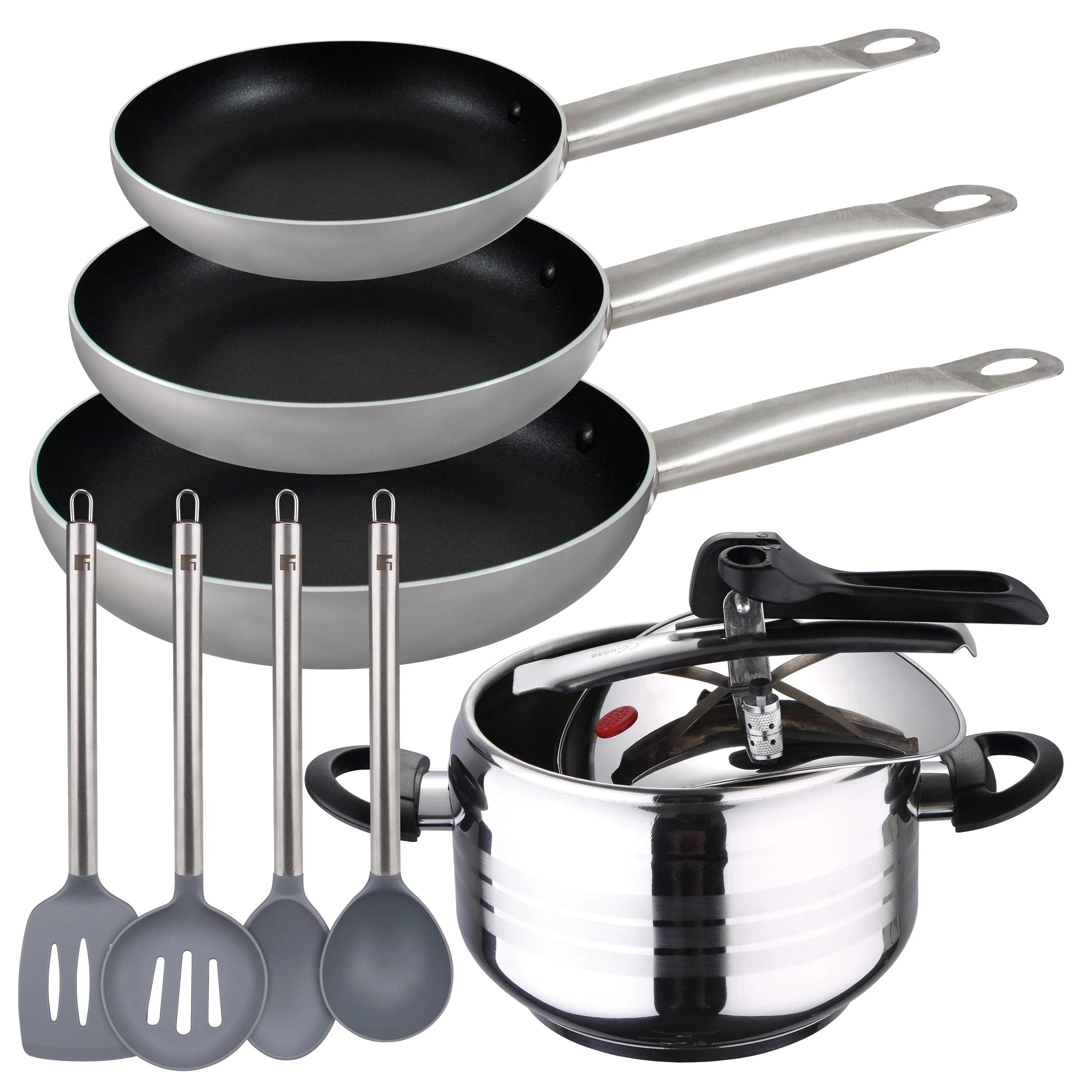 Pressure cooker 5 liters, set 3 pans 22/26/30 cm and 4 set utensils San Ignacio Masterpro