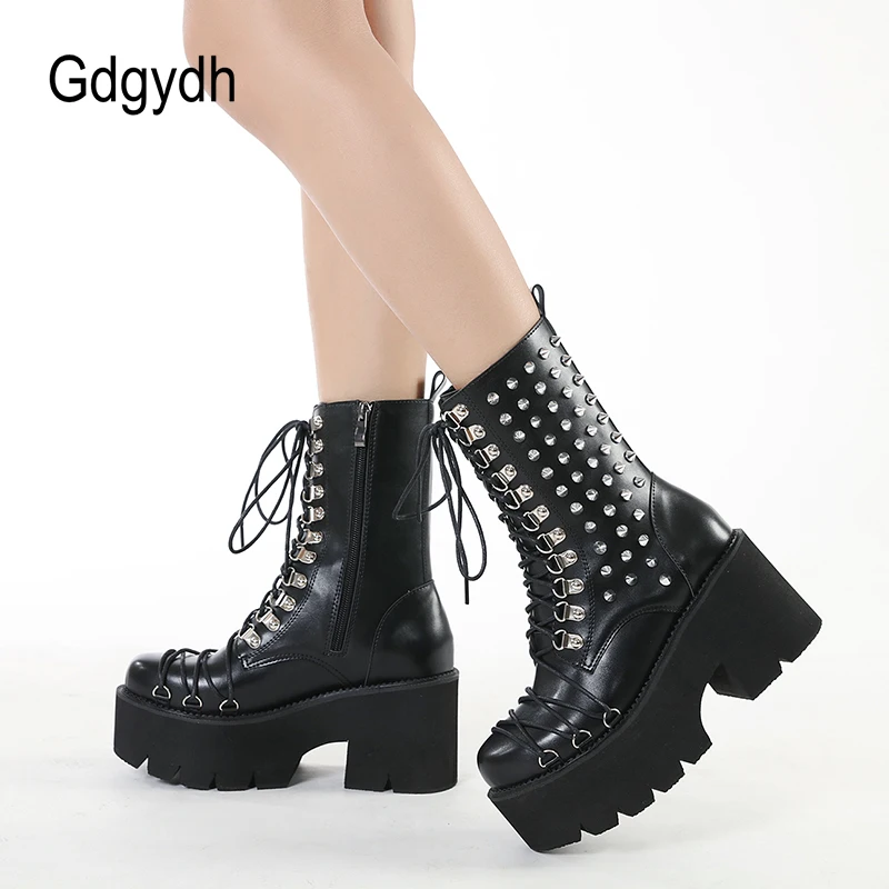 Gdgydh Handmade Women Motorcycle Punk Boots Mori Girl Lady Lolita Boots Woman High Top Boots Platform Fahion Rivets Goth Dark