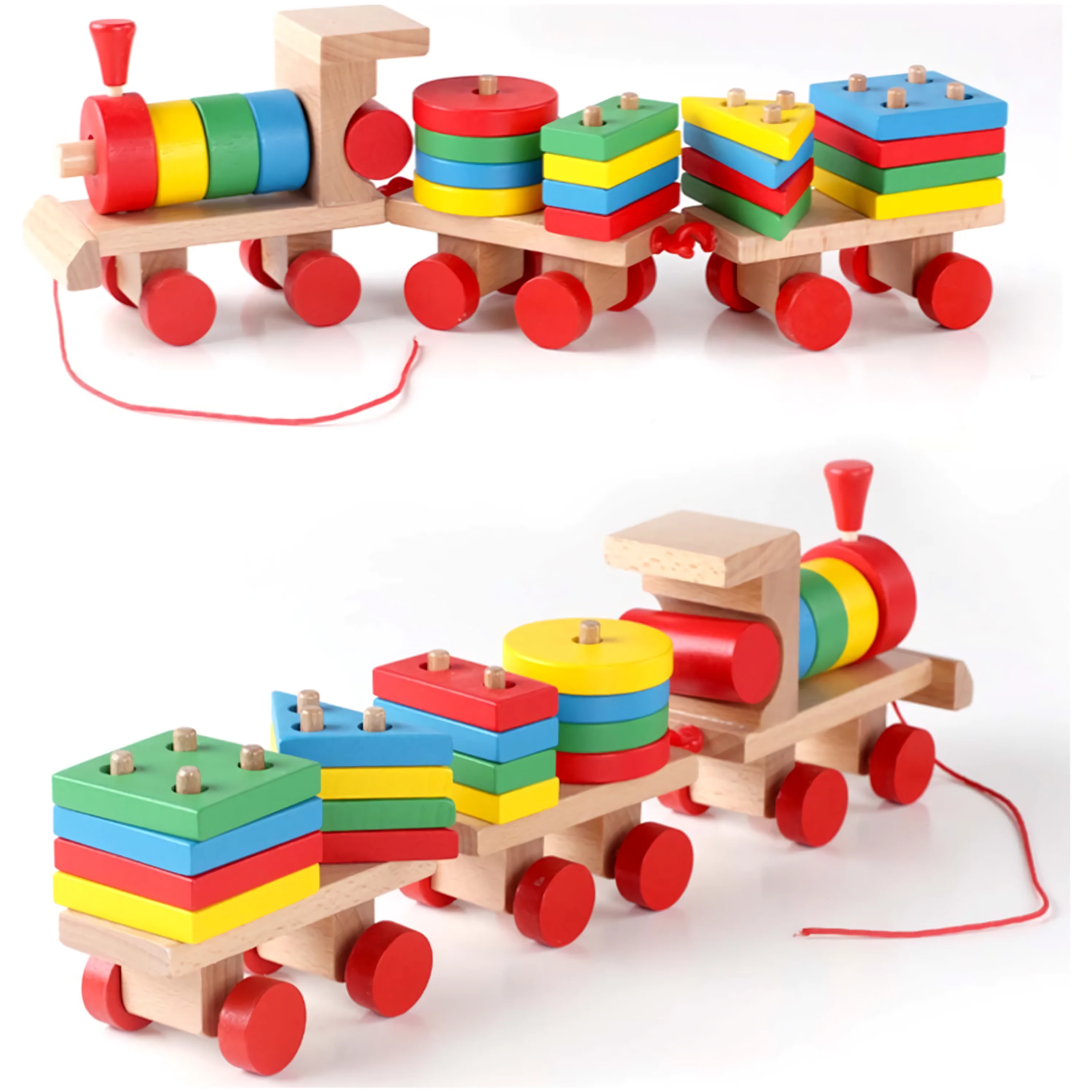 BABY WOODEN TOY EDUCATIONAL GEOMETRIC THREE SHAPE SMALL TRAINS HELP IMPROVE VISUAL MEMORY