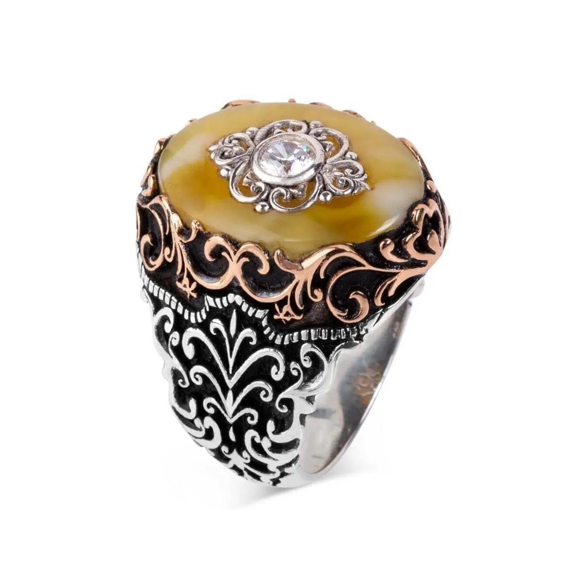 

925 Sterling Silver Master Work Yellow Yemen Agate Stone Men's Ring Exclusive Chic Accessory for Men Special Ring