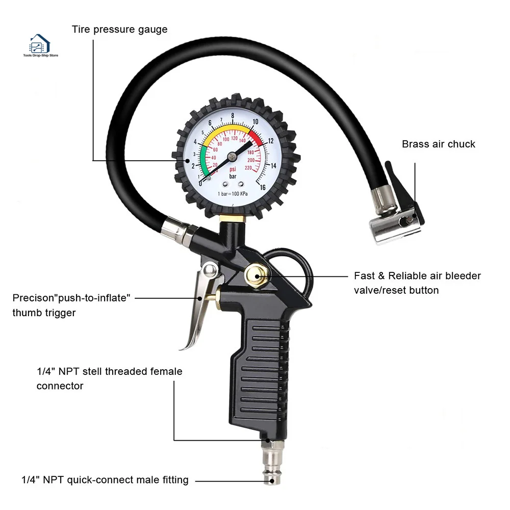 0-220PSI Air Tyre Inflator with Gauge For Car Van Tire Tool Tire Inflator Gauge Gun Pressure Guage Tester Air Compressor