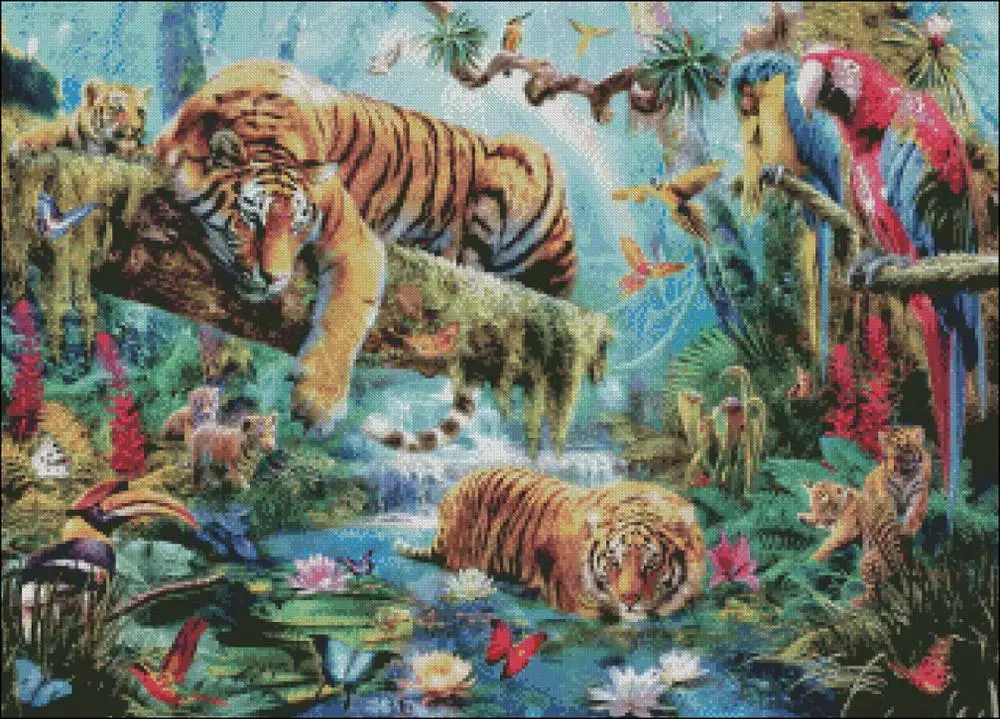 Idyllic Tiger - Counted Cross Stitch Kits - DIY Handmade Needlework Embroidery 14 ct Cross Stitch Sets DMC